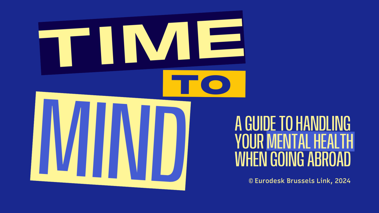 Titelgrafik des englischsprachigen Guides „Time to Mind“ zur mentalen Gesundheit während eines Auslandsaufenthalts.