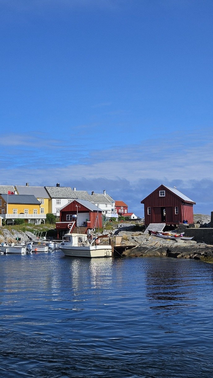 Bunte Holzhäuser und kleine Boote an der felsigen Küste Norwegens.